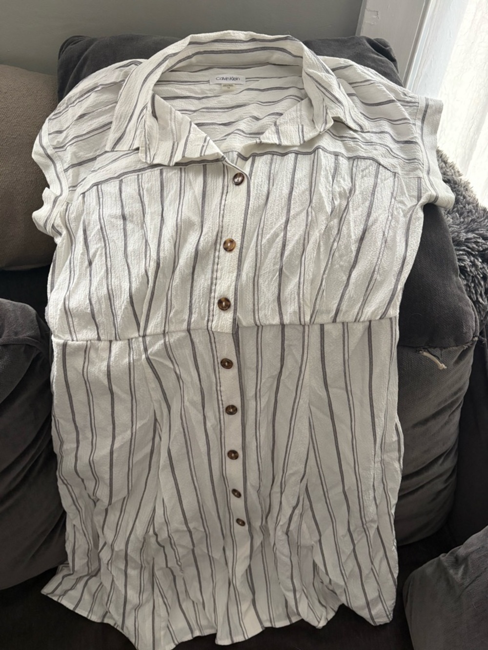 Calvin Klein White with Gray Striped Button-Front Dress